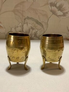 Pair Footed 3.5” Etched Brass Barrels - Decor, Vases, Succulent Planters - India